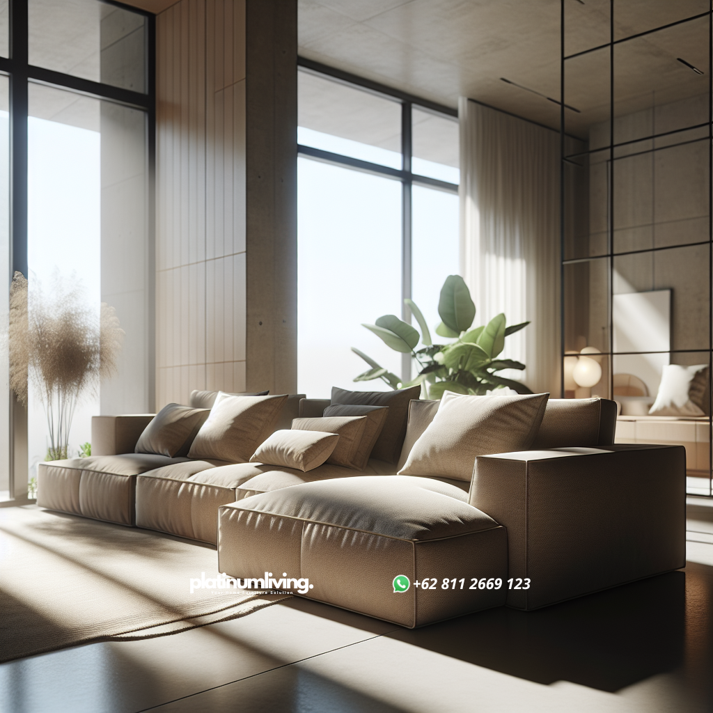 Sofa modern terbaru dengan desain modular dan warna netral di ruang tamu minimalis