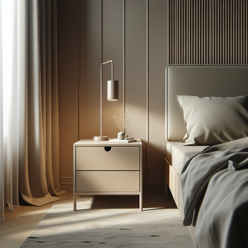 Nakas Minimalis HPL: Pilihan Tepat untuk Interior Modern 1 Nakas minimalis dengan lapisan HPL di kamar tidur modern