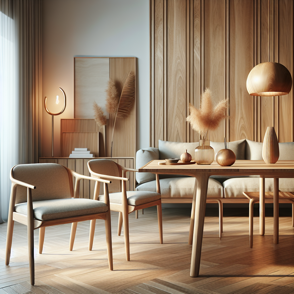 Custom teak wood table with matching chairs in modern living room