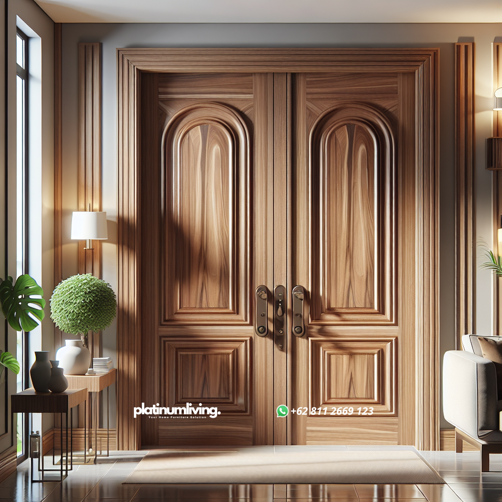 Pintu dua daun dari kayu jati dengan finishing halus dan desain modern klasik