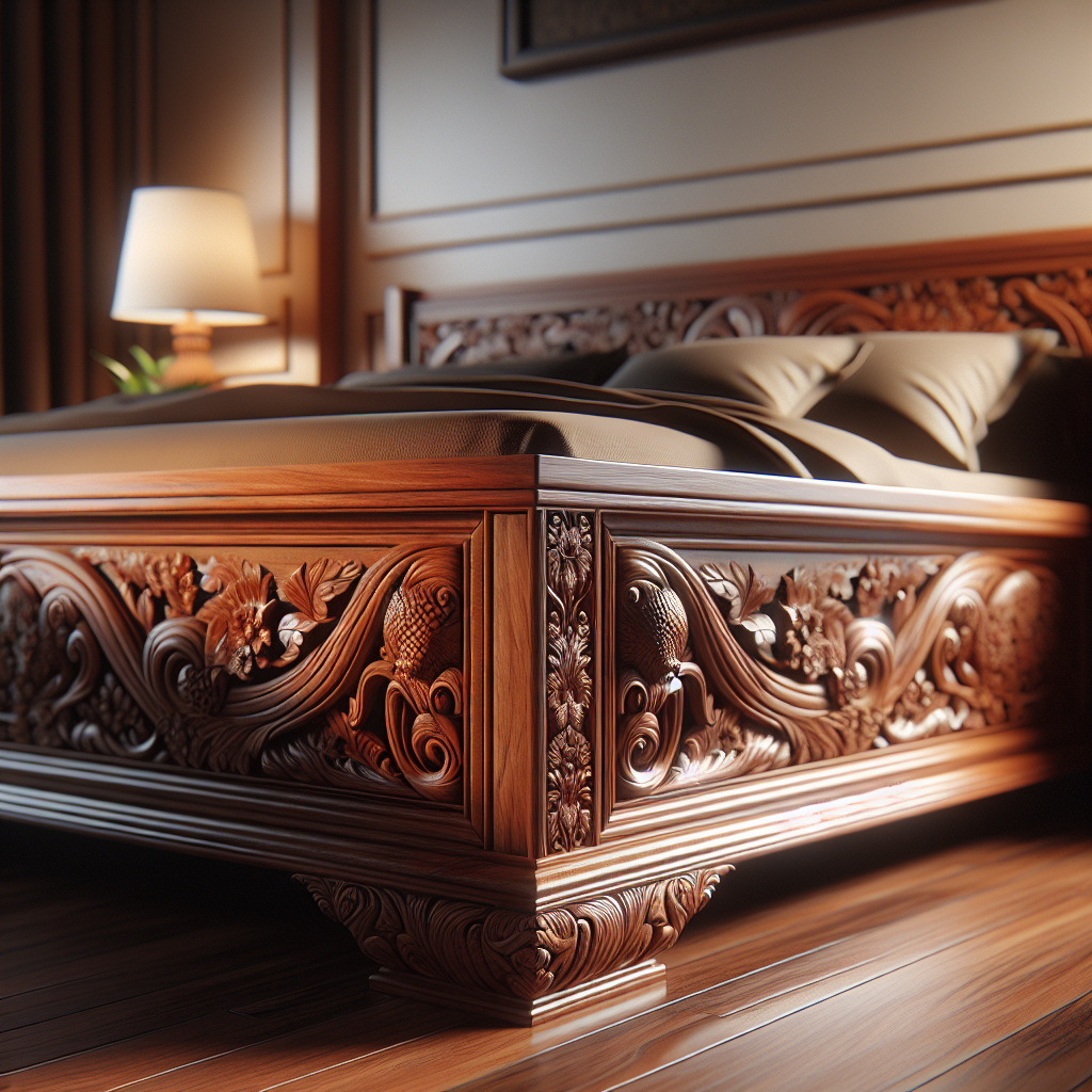 Tempat tidur jati dengan ukiran halus dari Jepara di kamar tidur