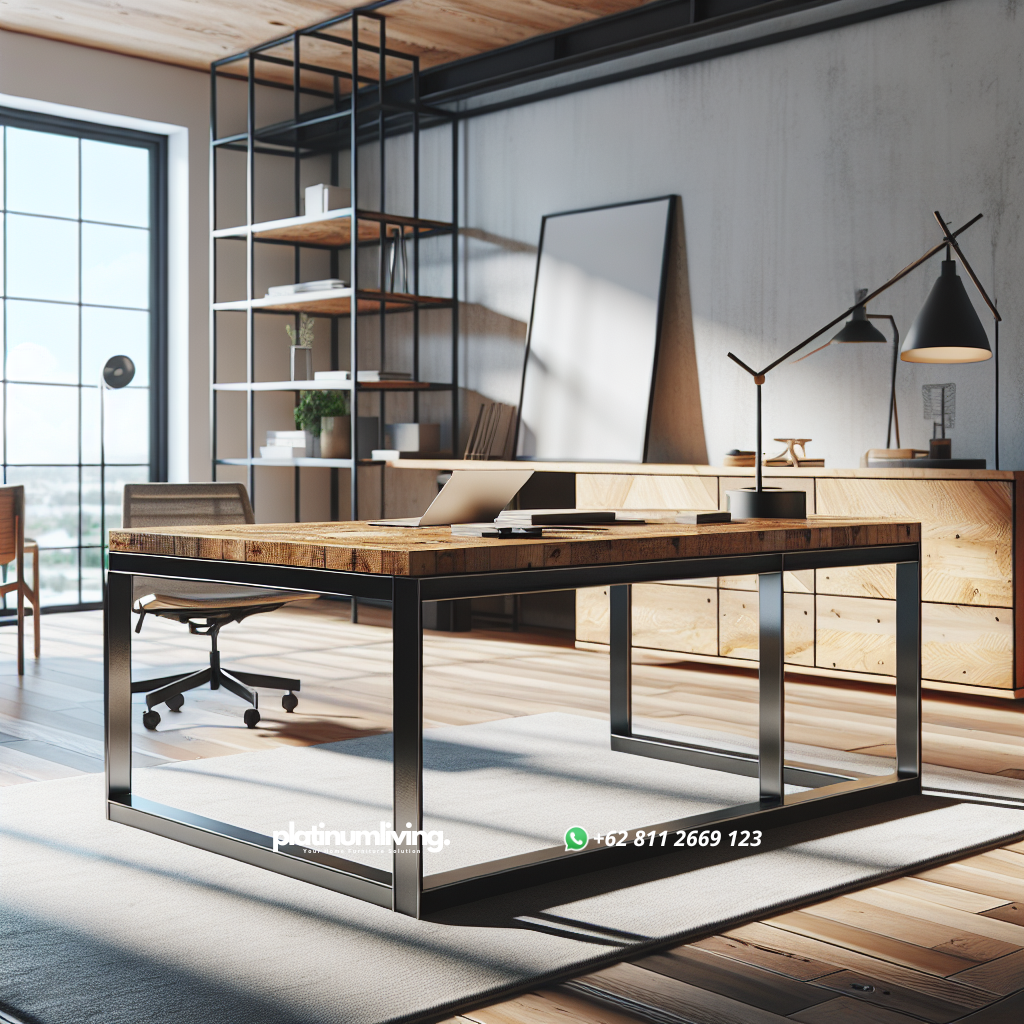 Meja besi modern dengan permukaan kayu di ruang kerja minimalis