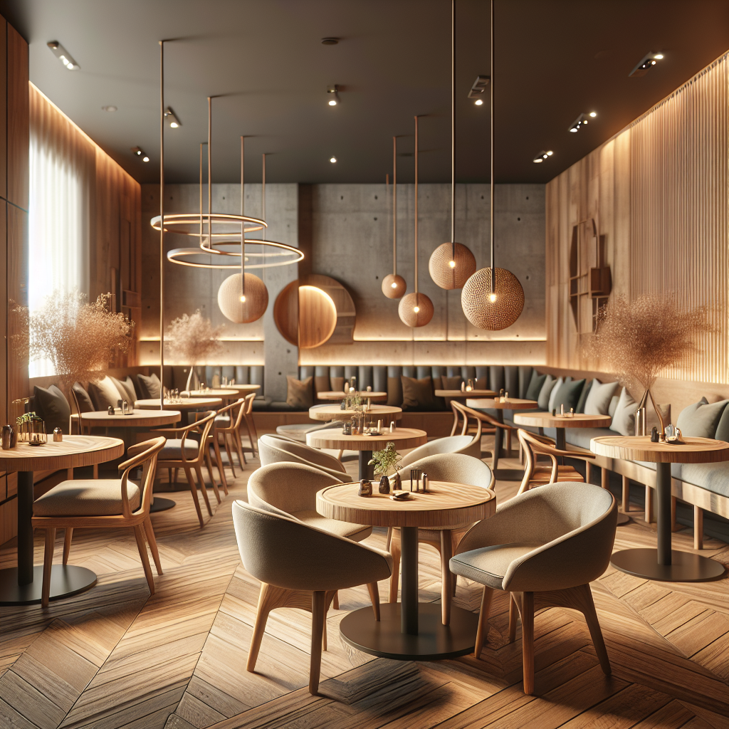 Set meja dan kursi cafe kayu modern dengan pencahayaan hangat