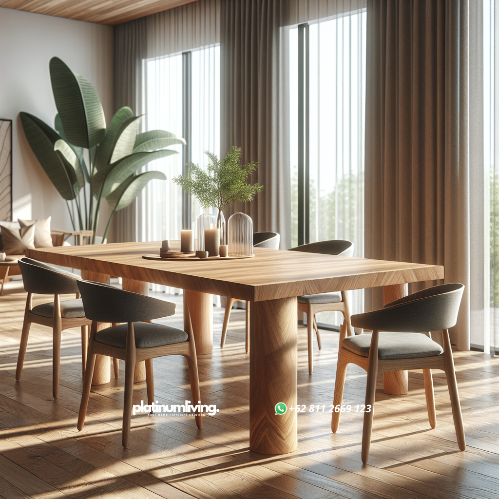 Meja makan jati solid dengan serat kayu natural dan kursi minimalis