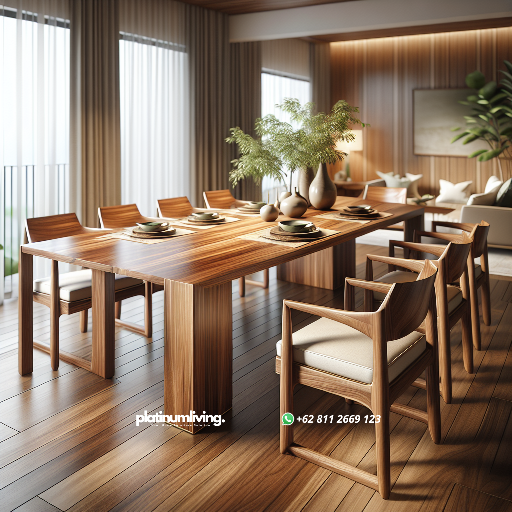 Meja makan kayu jati dengan desain modern di ruang makan minimalis