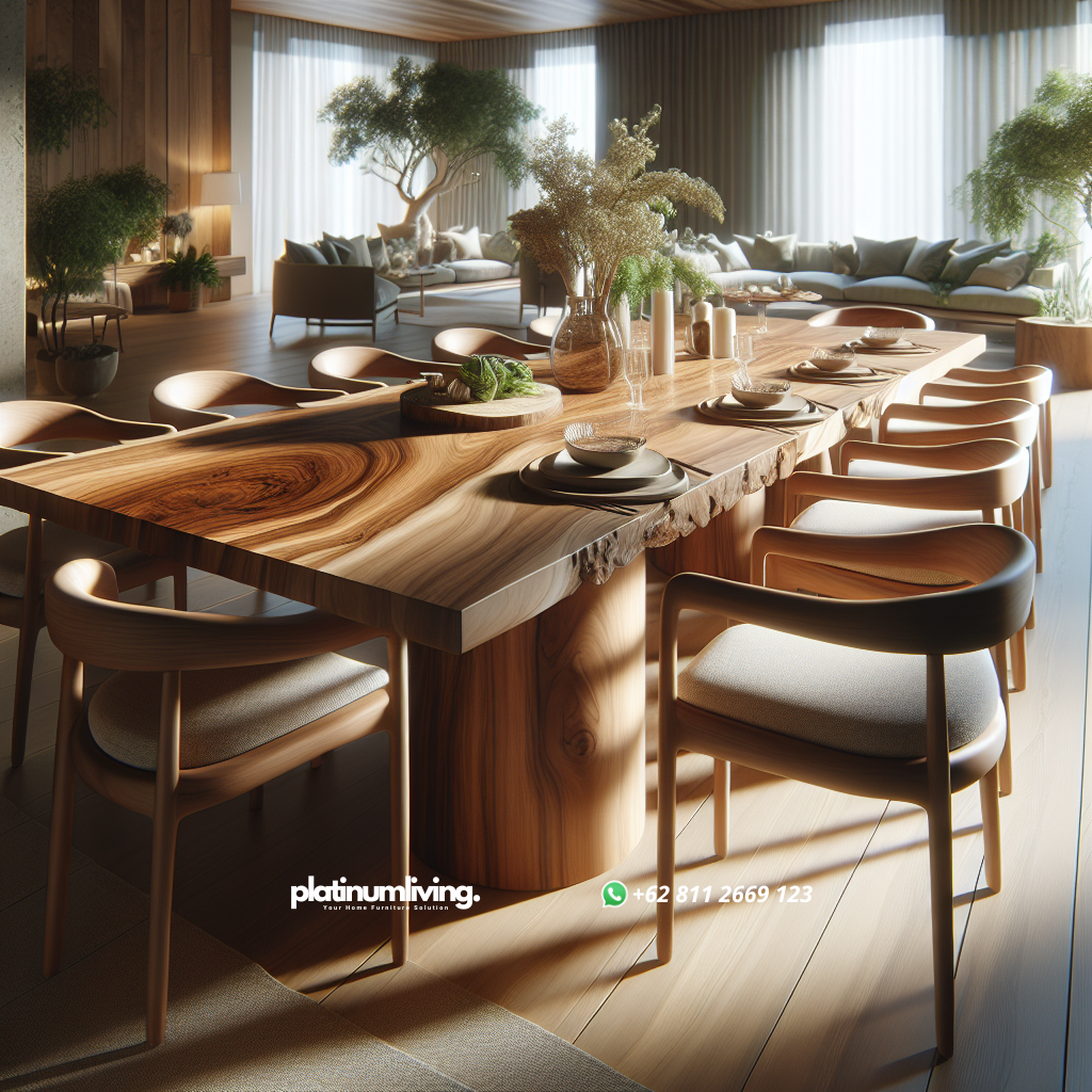 Wooden dining table with chairs in a bright room