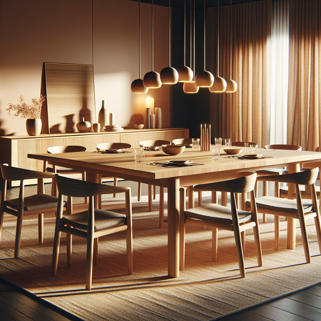 Meja makan kayu solid dengan desain minimalis di ruang makan modern
