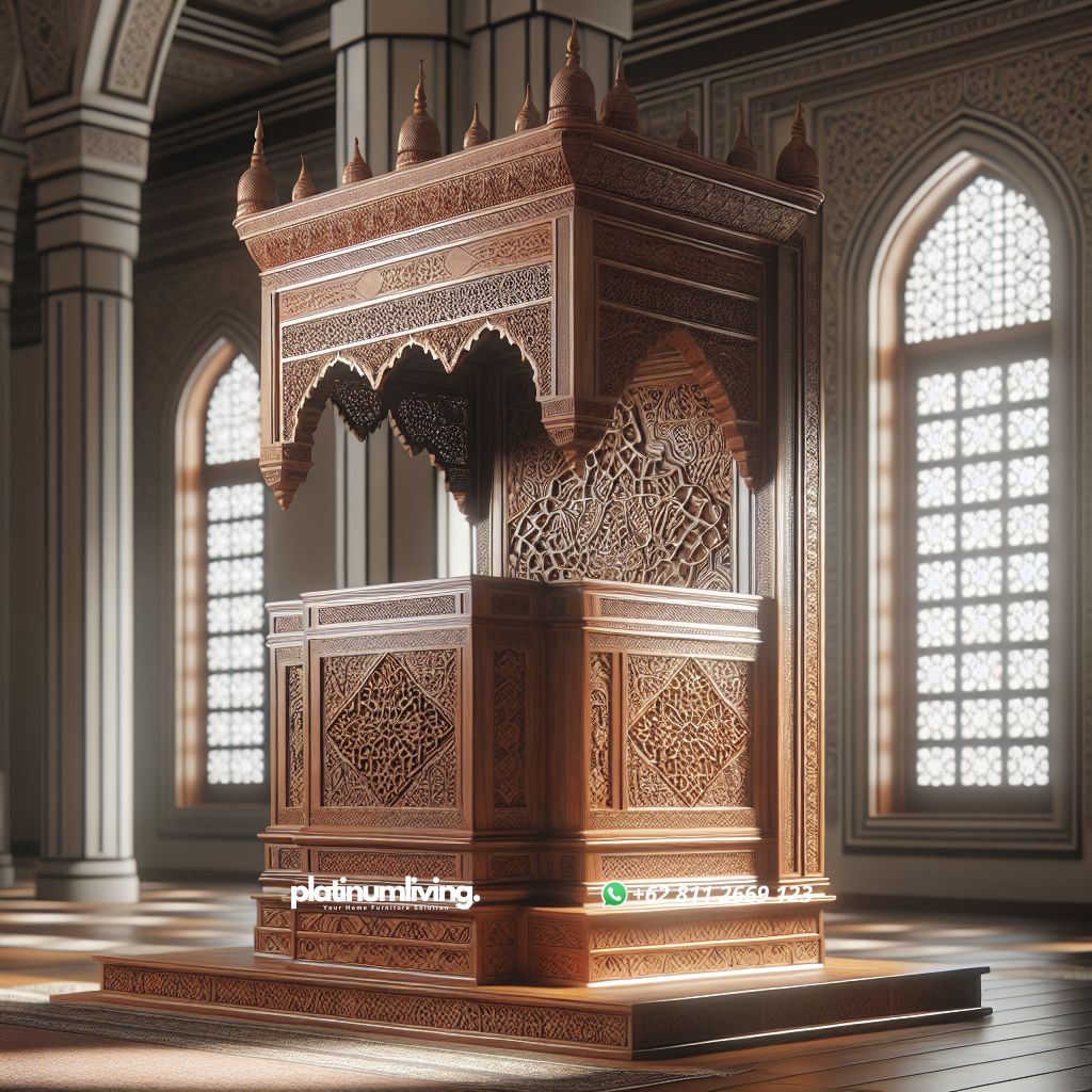 Panduan Lengkap Memilih Mimbar Masjid yang Berkualitas dan Estetik 1 Mimbar Masjid dari Kayu Jati dengan Desain Ukiran Islami