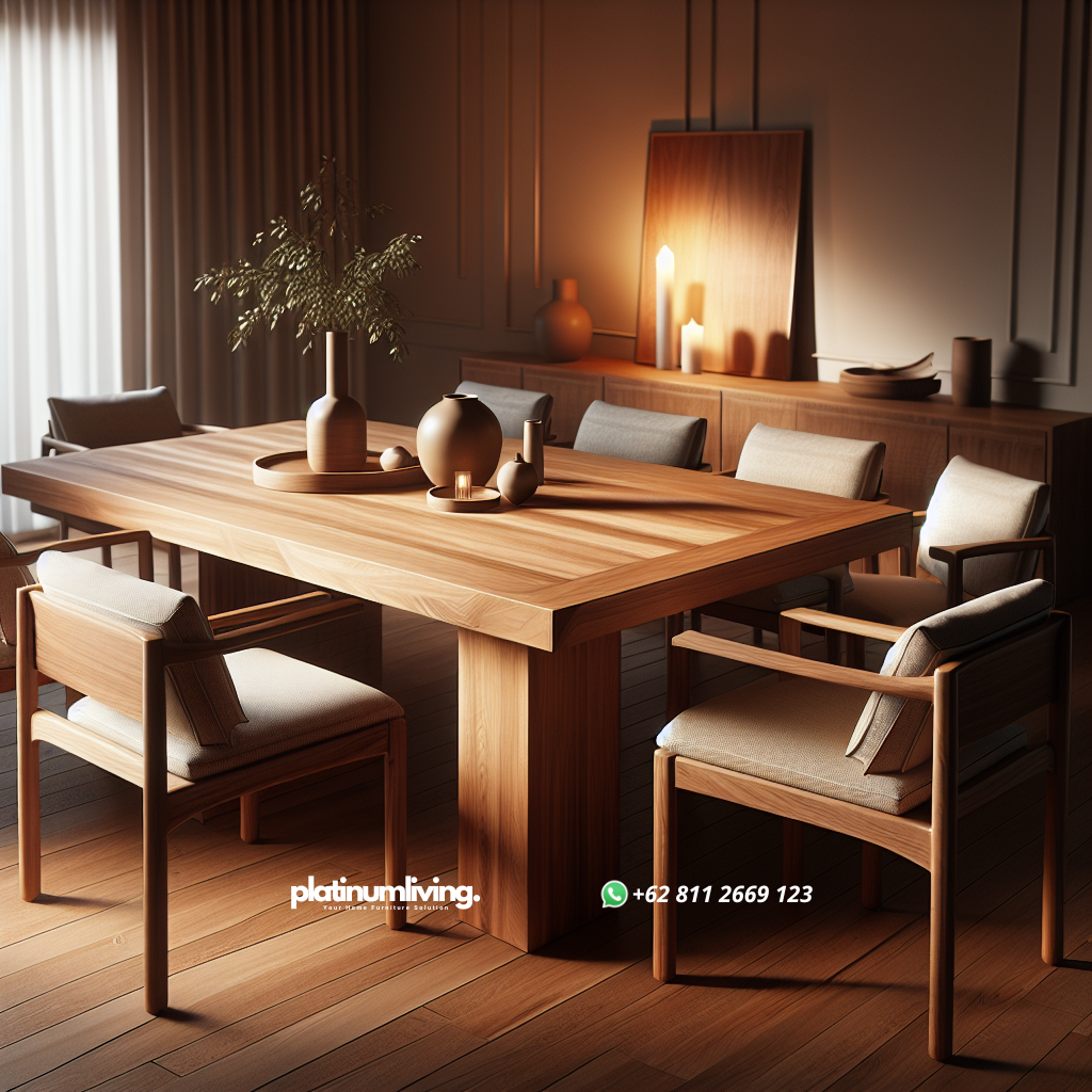 Dining table made of solid teak wood with six chairs in a cozy room