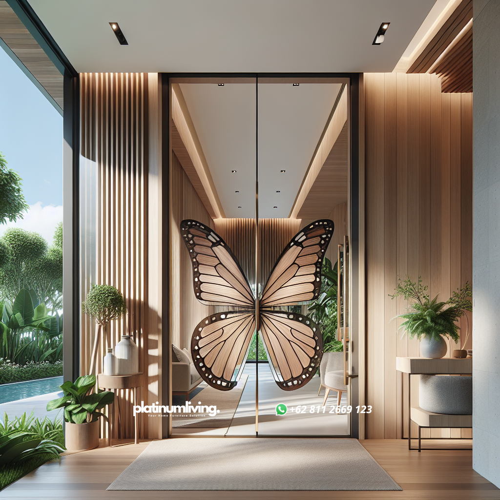 Pintu kupu tarung dengan bahan kombinasi kayu dan kaca di ruang rumah modern