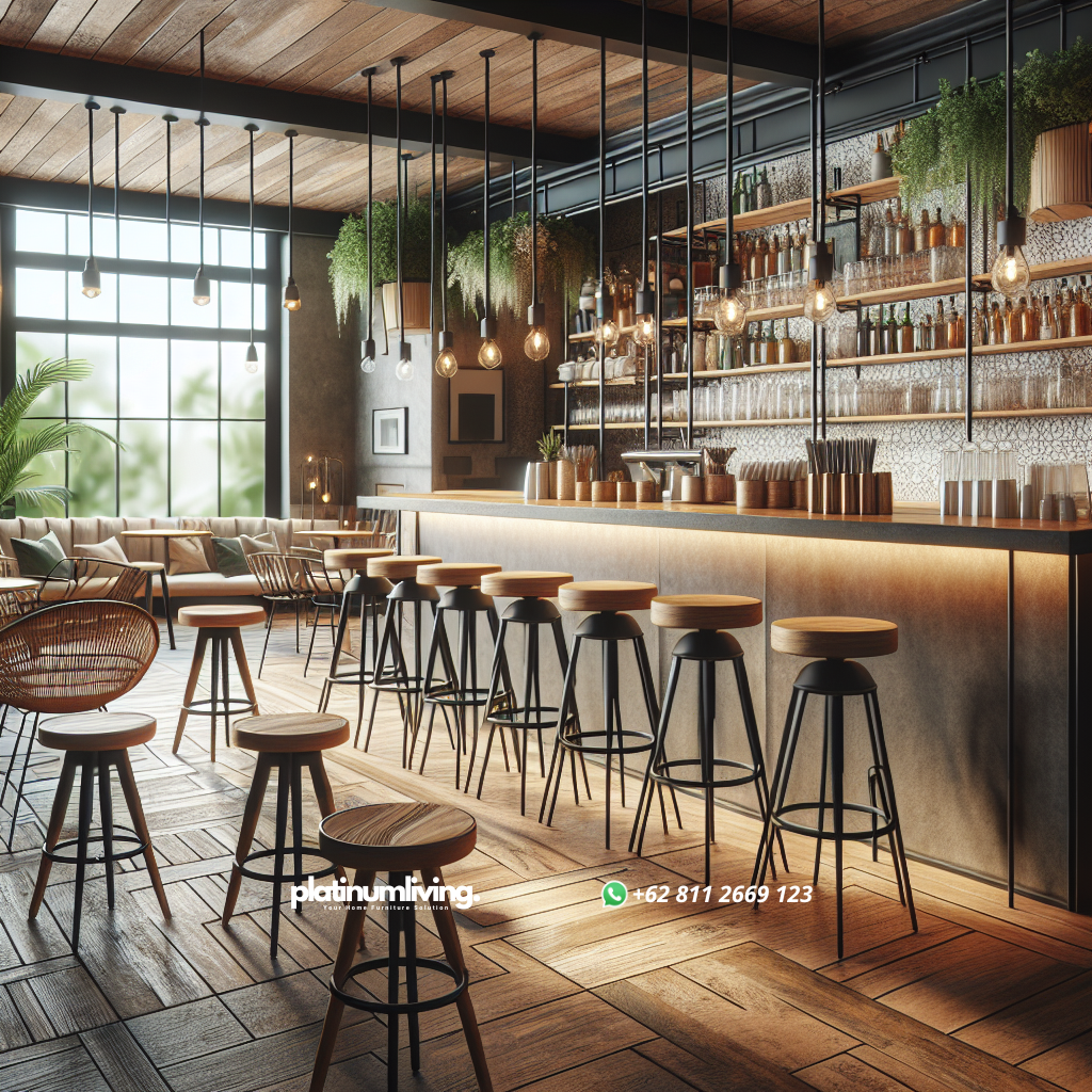 Different types of cafe stools and chairs in a cozy cafe interior
