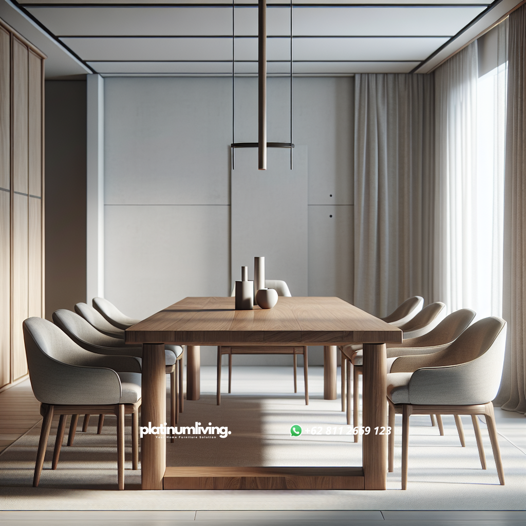 Panduan Memilih Gambar Meja Makan yang Ideal untuk Ruang Makan Anda 1 Dining table made of solid teak wood with six matching beige chairs in minimalist room