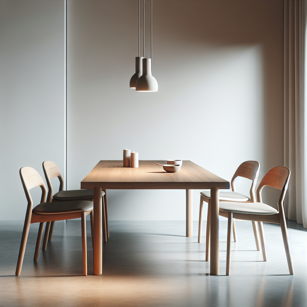 Meja makan minimalis kayu dengan desain modern di ruang makan