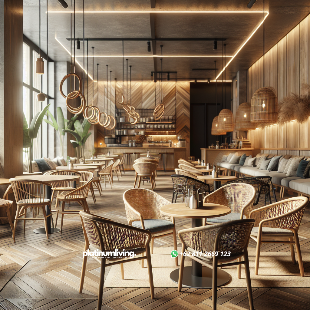 Berbagai jenis kursi cafe kayu, rattan, dan besi di dalam cafe dengan suasana nyaman
