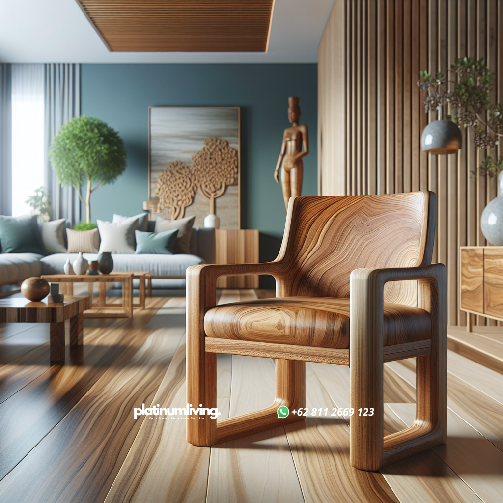 Kursi kayu jati dengan desain elegan di ruang tamu modern