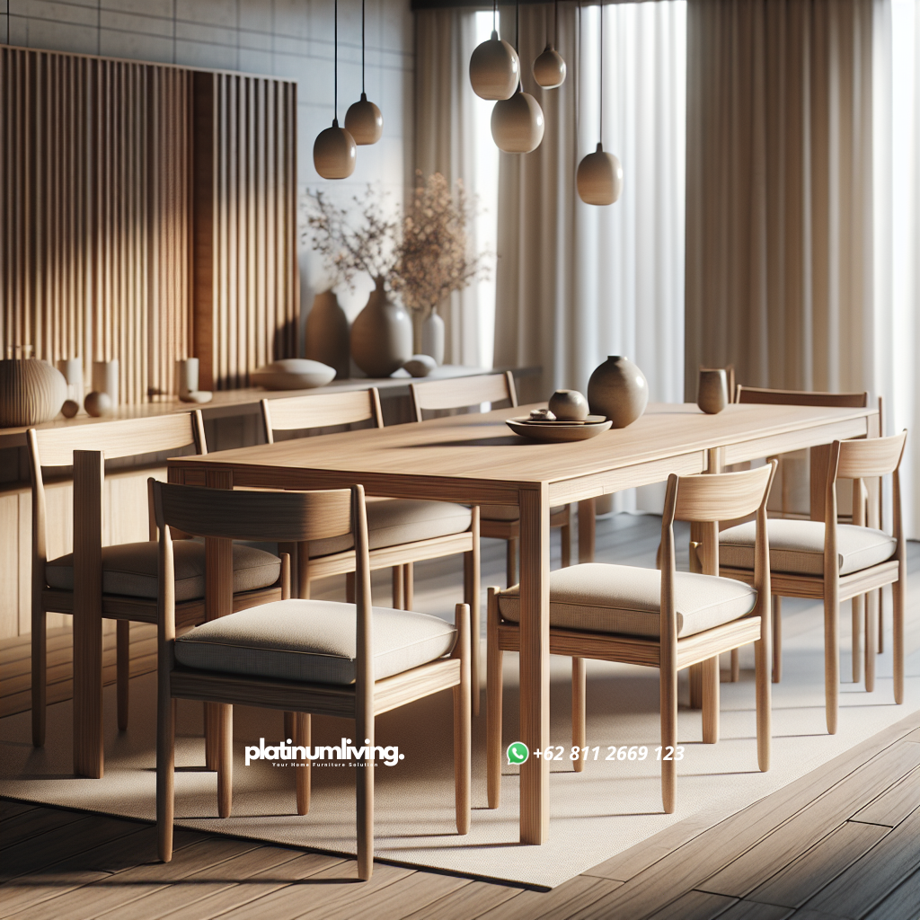 Panduan Memilih Kursi Meja Makan yang Nyaman dan Estetis untuk Hunian Anda 1 Elegant modern teak wood dining table set with beige cushioned chairs