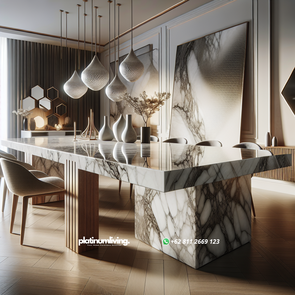 Marble dining table with wooden legs in a modern dining room