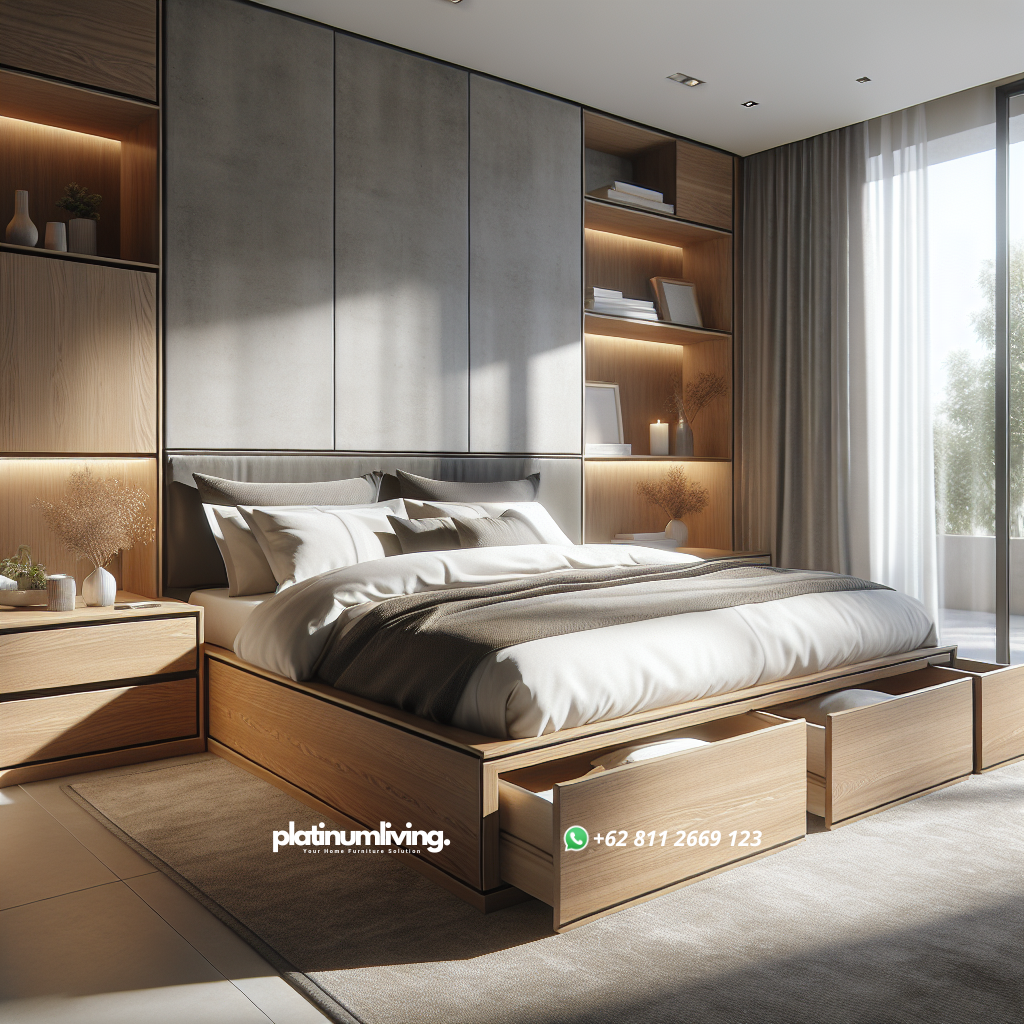 Panduan Memilih Model Dipan Modern untuk Kamar Tidur Anda 1 Dipan modern minimalis dari kayu dengan laci penyimpanan di kamar tidur