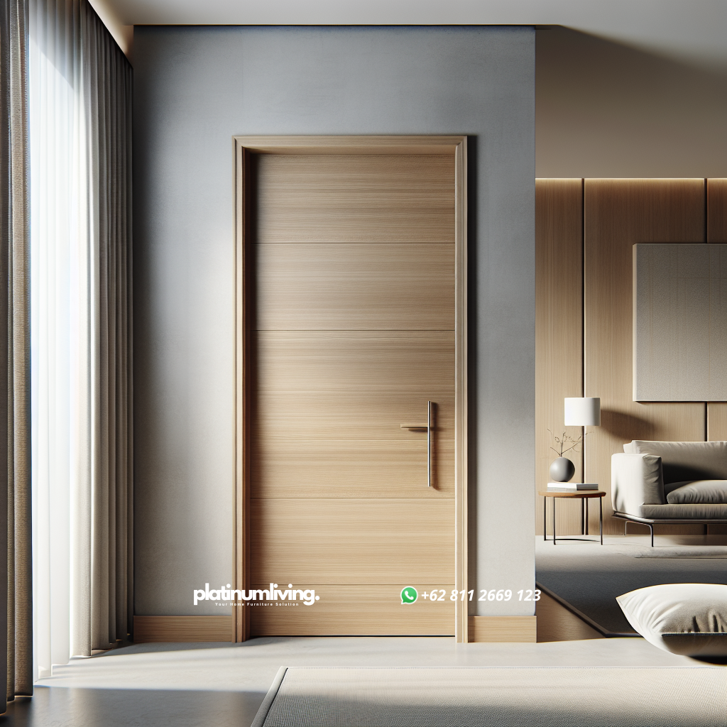 Pintu kayu minimalis dengan desain modern di dalam rumah kontemporer