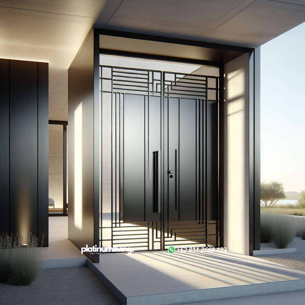 Pintu besi minimalis dengan desain modern dan warna hitam matte di depan rumah kontemporer