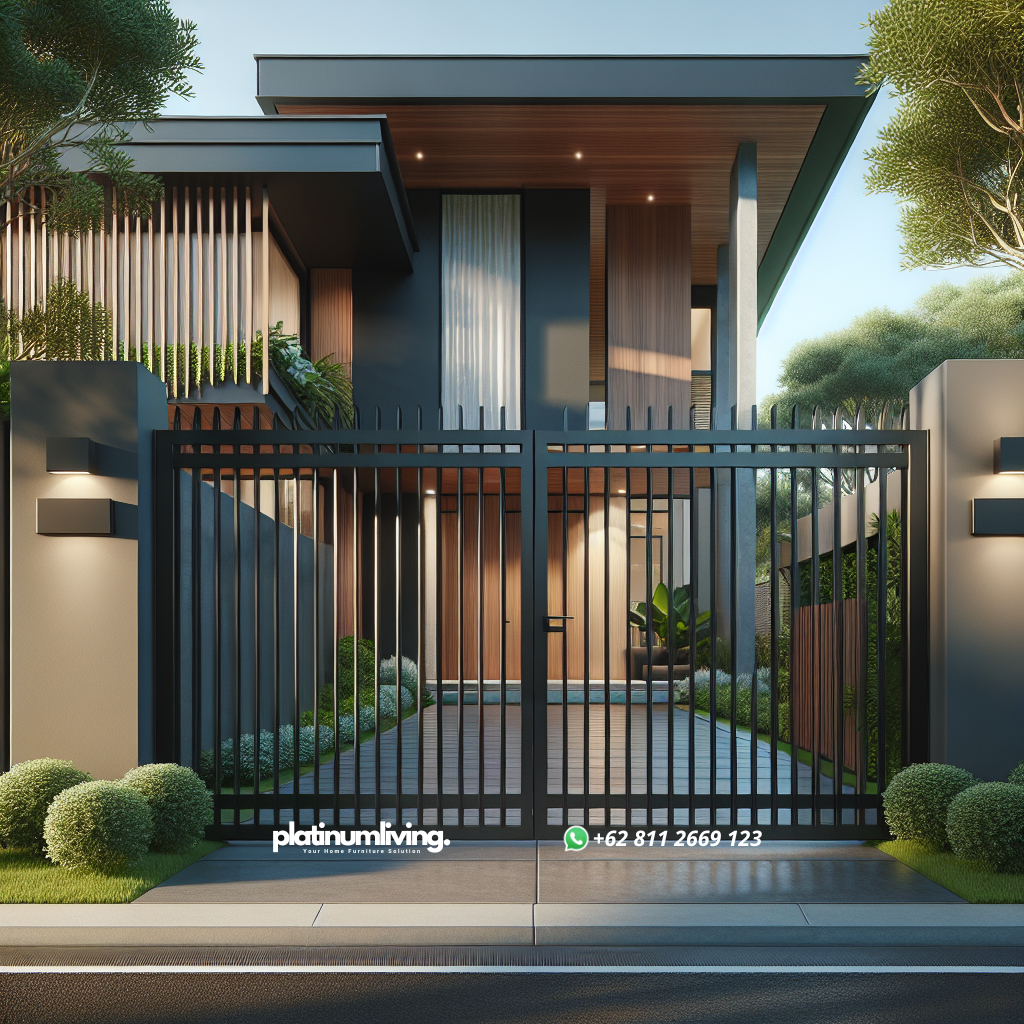 Pintu pagar minimalis dari besi dengan aksen kayu di rumah modern