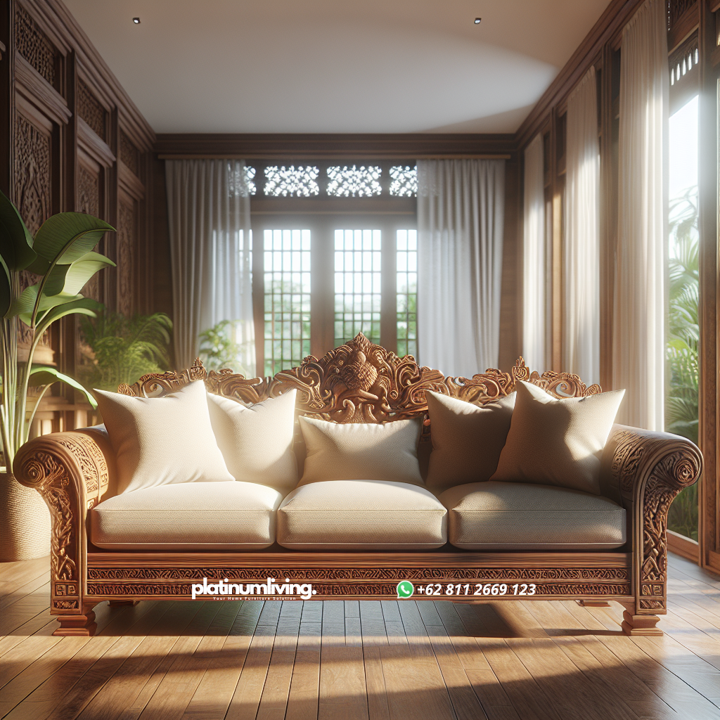 Sofa Kayu: Pilihan Elegan untuk Kenyamanan dan Keindahan Ruang Tamu 1 Sofa kayu dengan bantalan empuk di ruang tamu