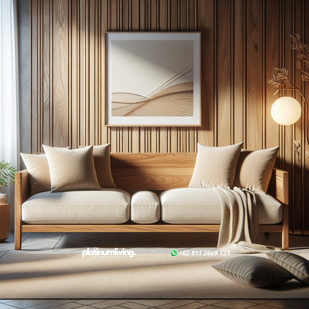 Sofa Kayu: Pilihan Tepat untuk Hunian Elegan dan Nyaman 1 Sofa kayu dengan bantalan kain beige di ruang tamu modern