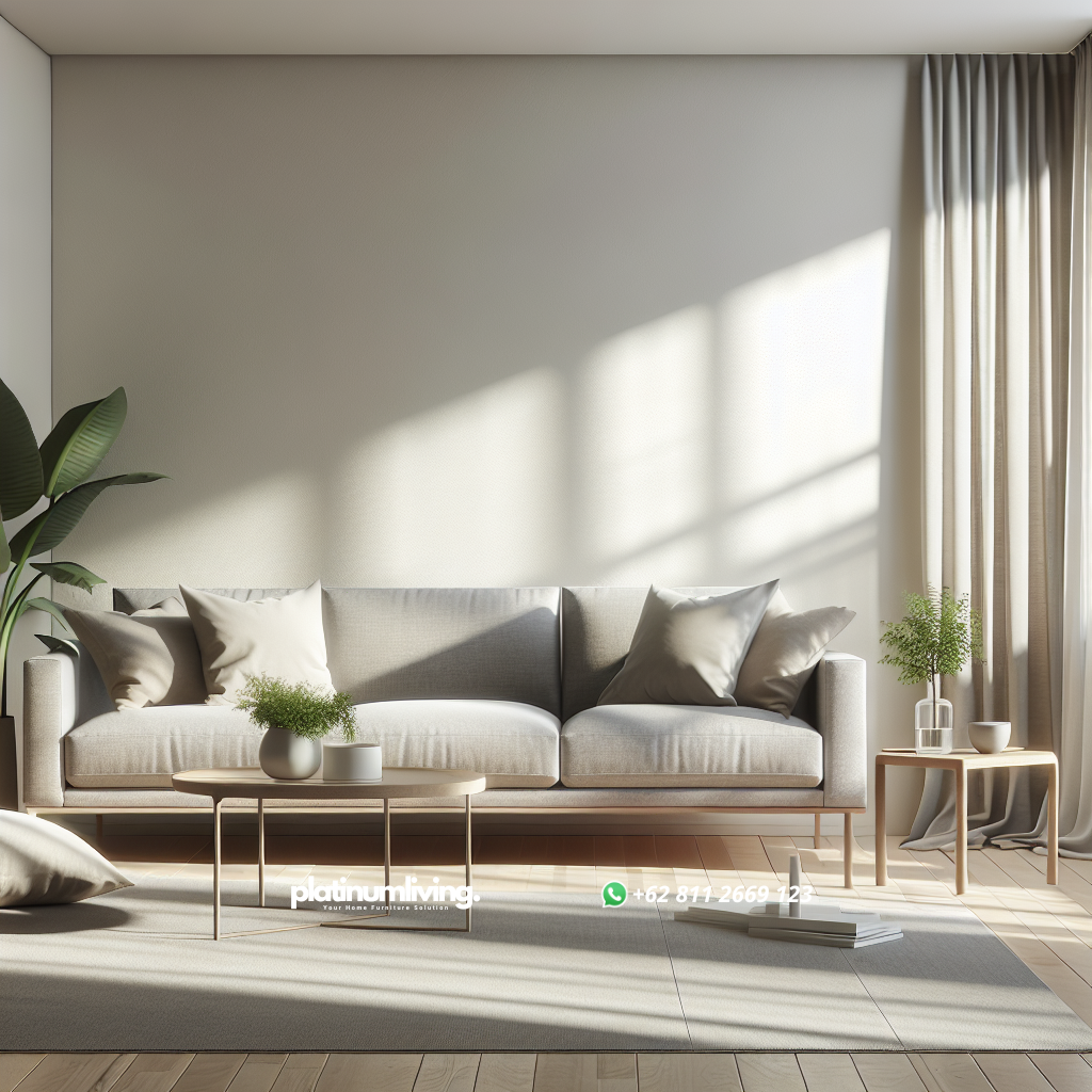Sofa Minimalis Modern: Pilihan Tepat untuk Hunian Stylish dan Fungsional 1 Modern minimalist grey fabric sofa with wooden legs in a bright living room