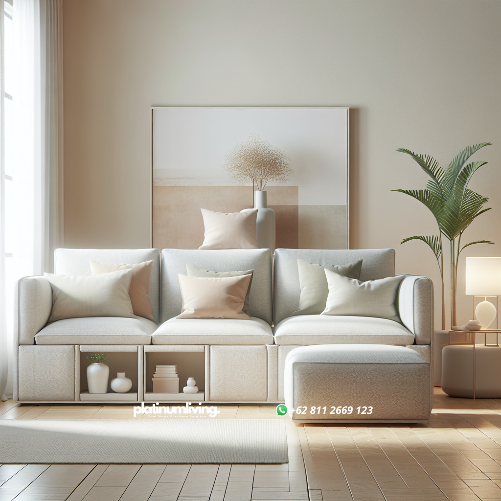 Sofa minimalis terbaru dengan desain modern dan warna netral di ruang tamu minimalis
