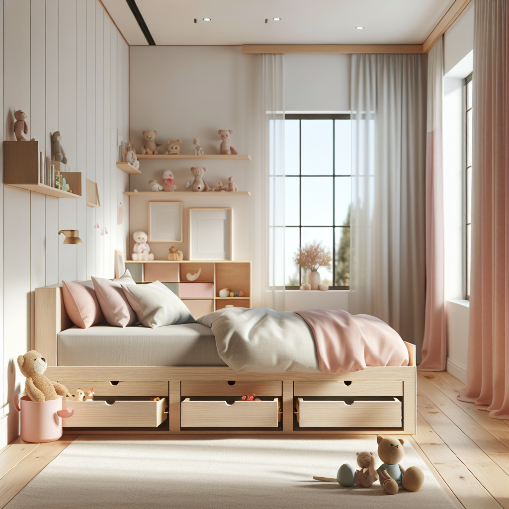 tempat tidur anak minimalis dengan laci penyimpanan di kamar anak berwarna pastel