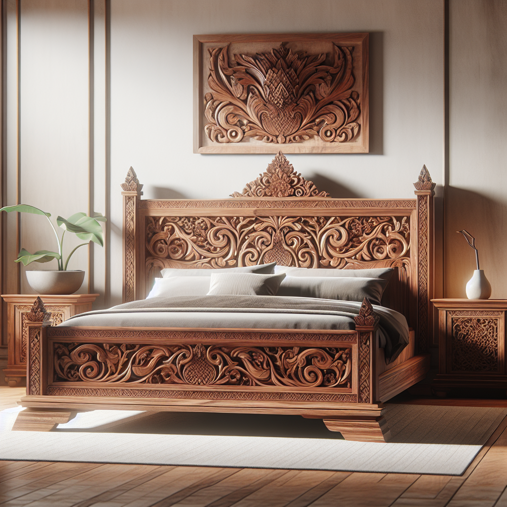 Tempat tidur kayu jati Jepara dengan desain modern dan ukiran elegan