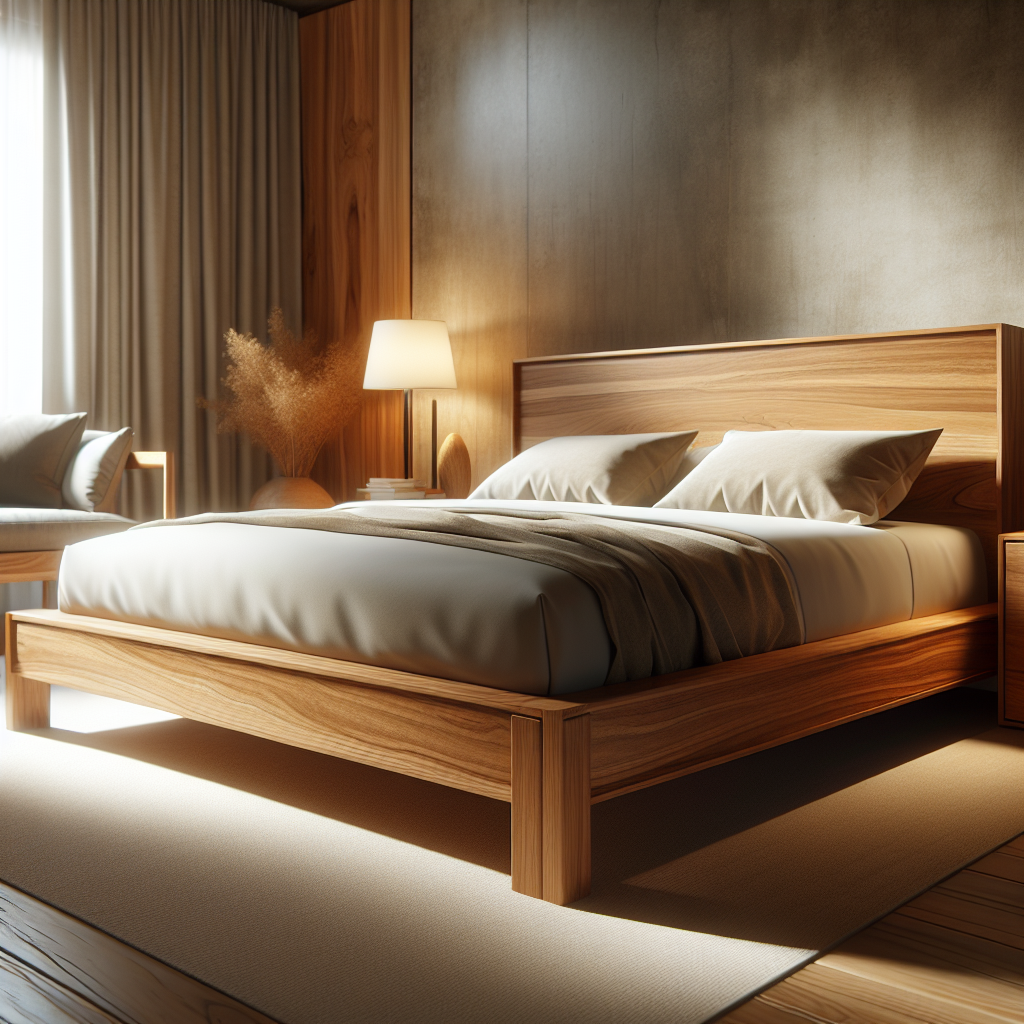 Tempat tidur kayu jati modern dengan desain minimalis di kamar tidur yang hangat