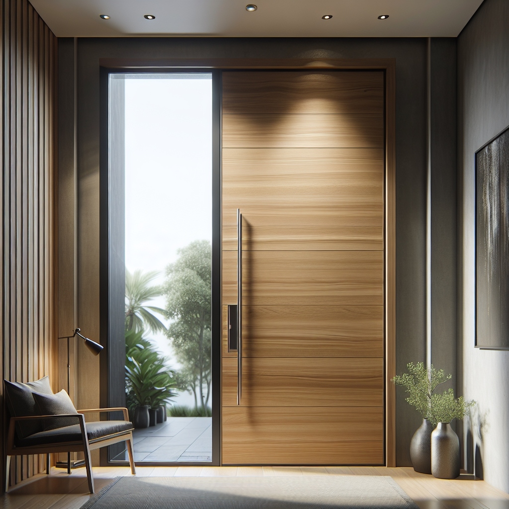 Pintu jati minimalis dengan panel kaca dan handle metal