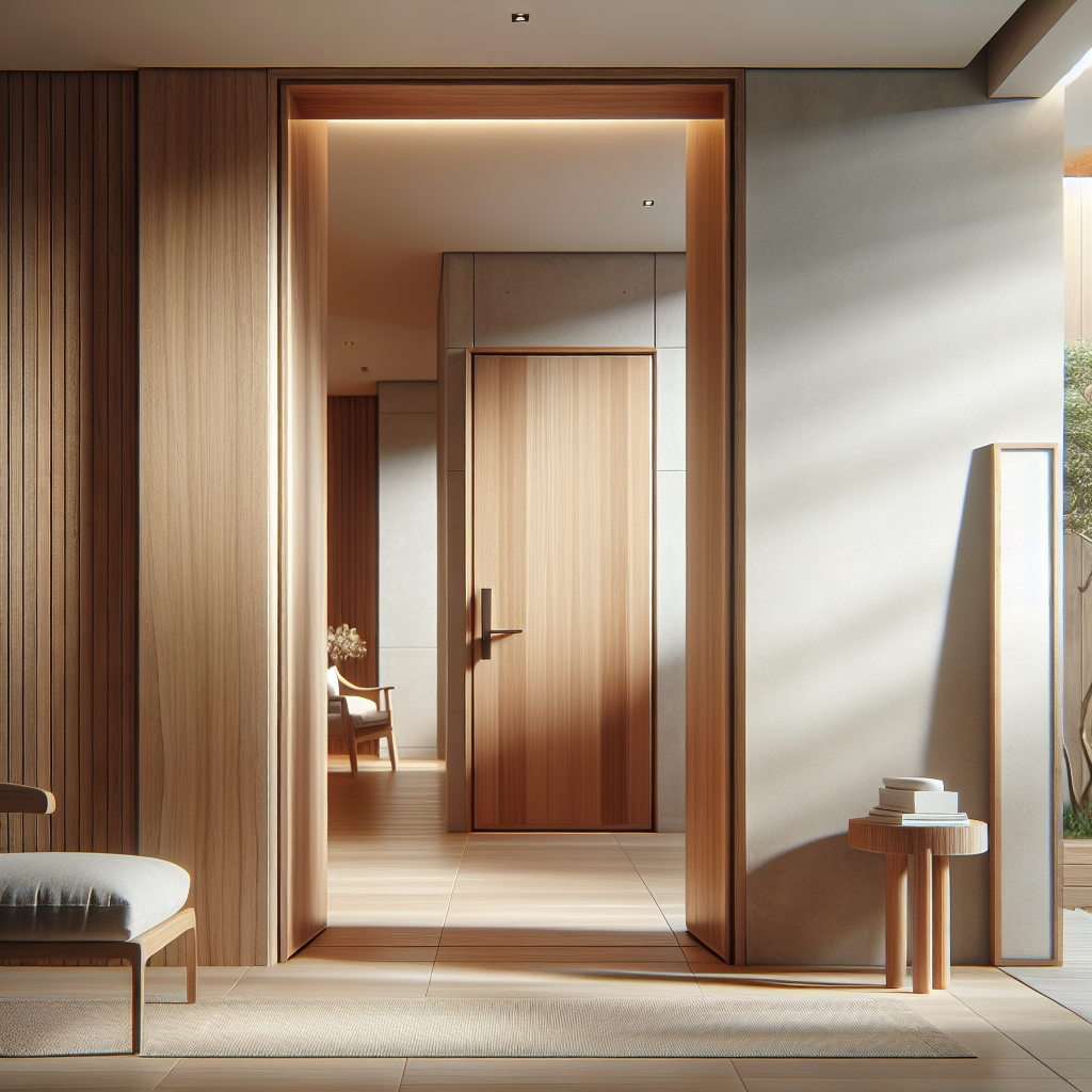 Minimalist teak wood door with natural wood grain and sleek frame