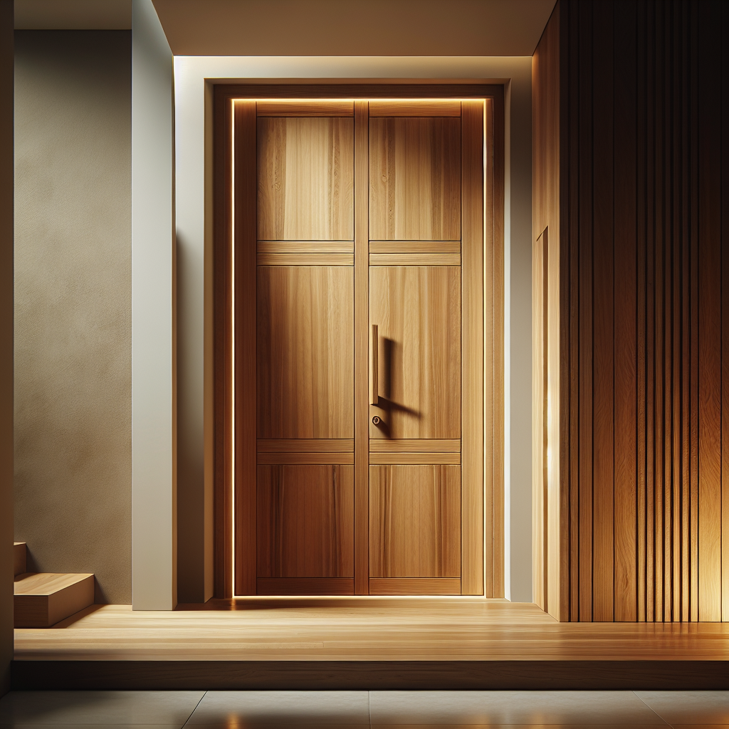 Minimalist teak door with natural wood texture at home entrance