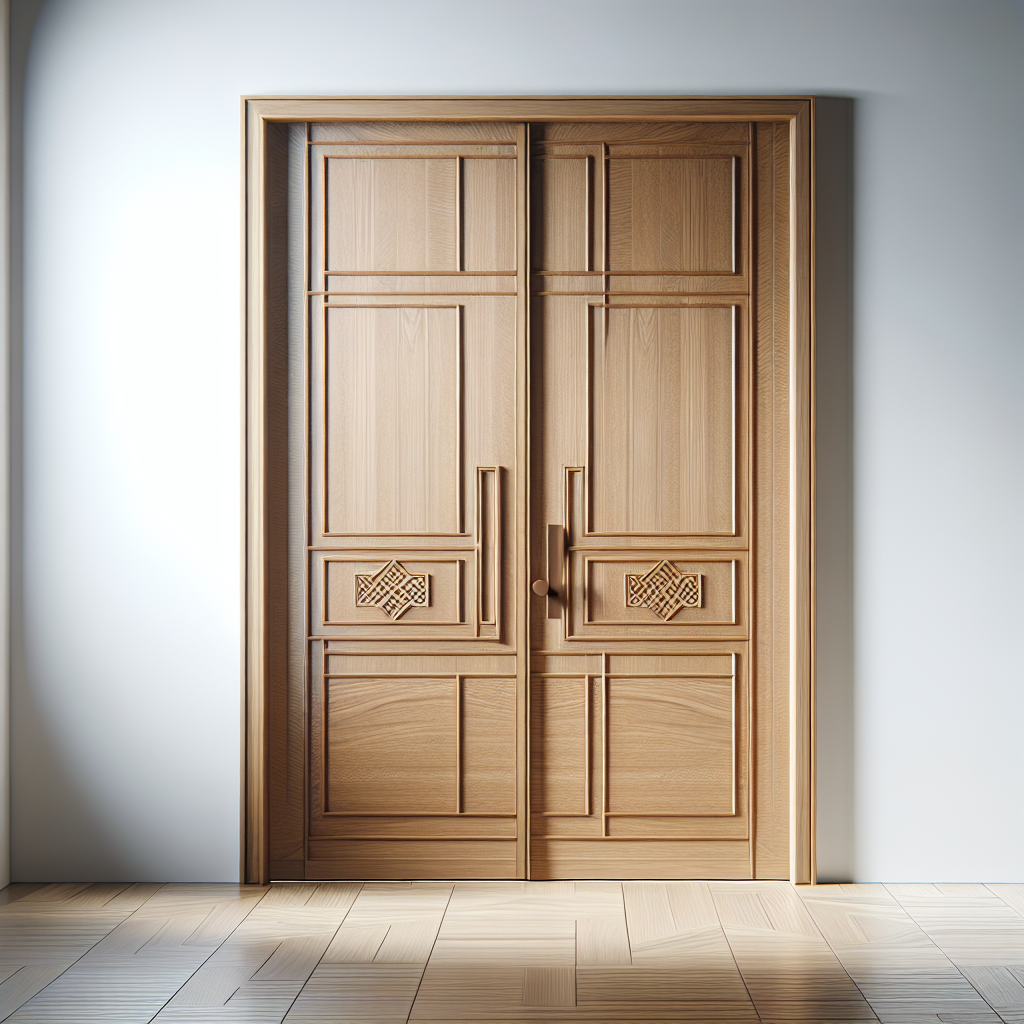 Pintu jati minimalis modern dengan tekstur kayu alami dan desain panel