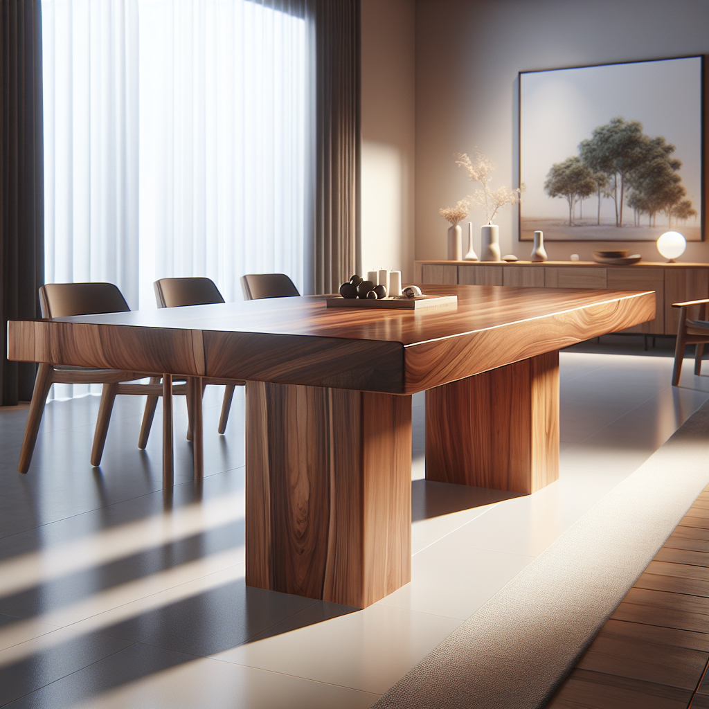 Meja makan dari kayu jati dengan desain modern dan finishing halus