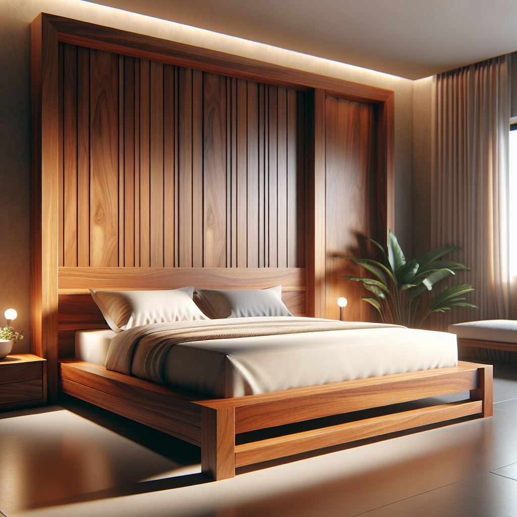 Tempat tidur dari kayu jati dengan desain elegan di ruang kamar tidur modern