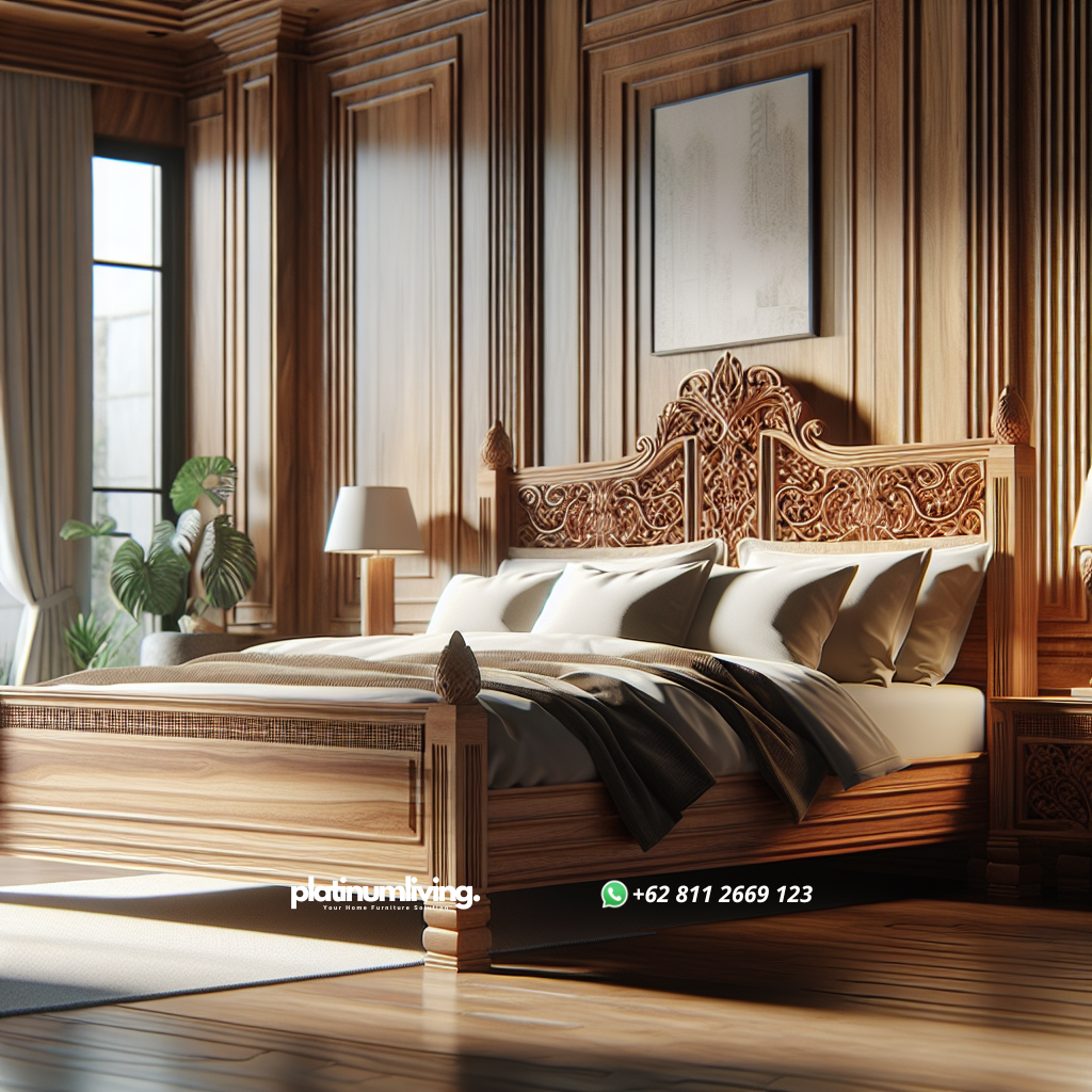 Desain Tempat Tidur Kayu Jati: Pilihan Elegan untuk Kamar Tidur Anda 1 Tempat tidur kayu jati dengan desain elegan di kamar tidur modern
