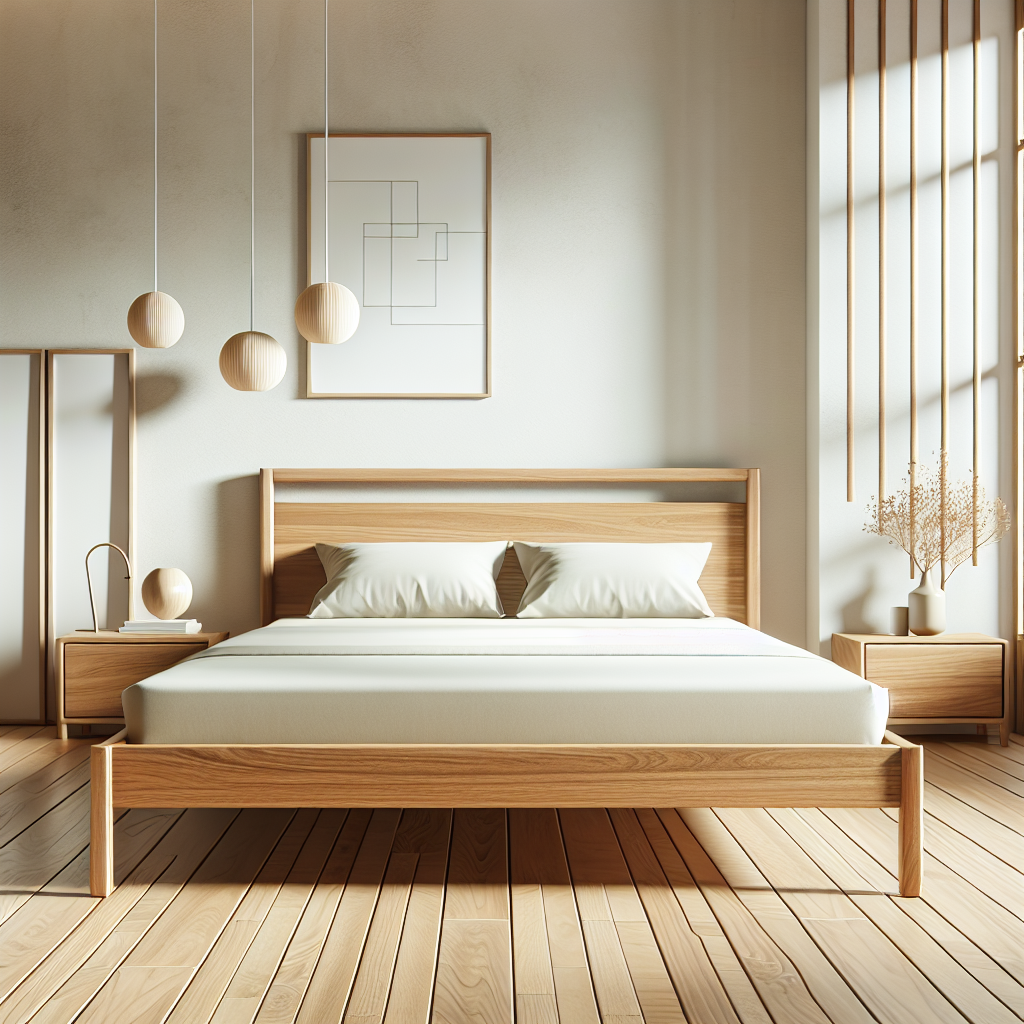 Minimalist teak wood bed frame in a modern bedroom