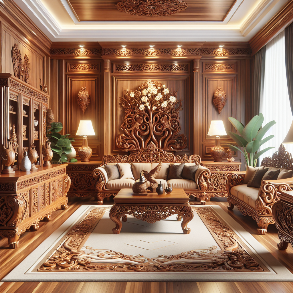 Set furniture Jepara mewah dengan ukiran kayu jati dan desain elegan di ruang tamu modern