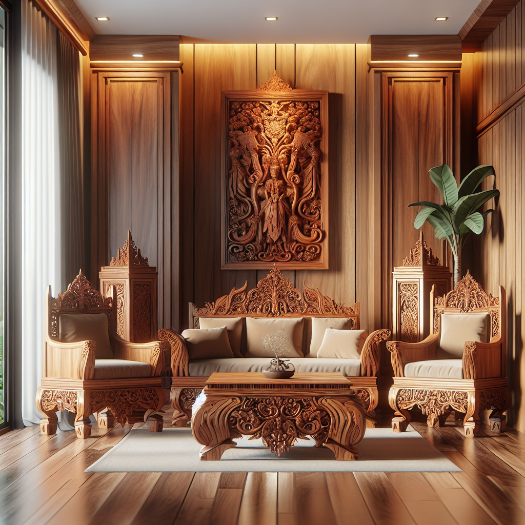 Furniture Jepara Online Terpercaya di Platinumliving: Pilihan Tepat untuk Kualitas dan Keindahan 1 Set furniture Jepara dengan ukiran kayu khas Jepara di ruangan modern