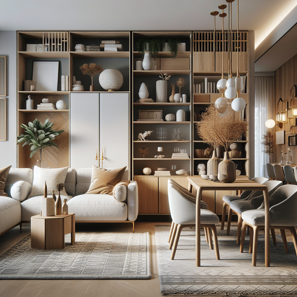 Ruang tamu dengan sofa, meja makan, dan lemari modern