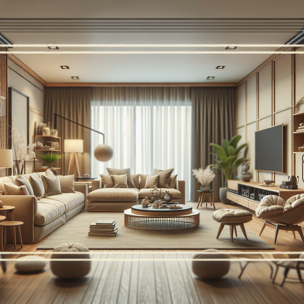Ruang tamu dengan sofa, meja kopi, dan rak TV modern