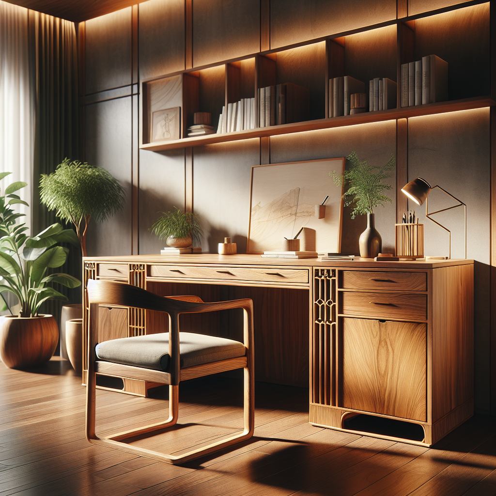 Meja belajar kayu jati dengan desain minimalis di ruang belajar modern