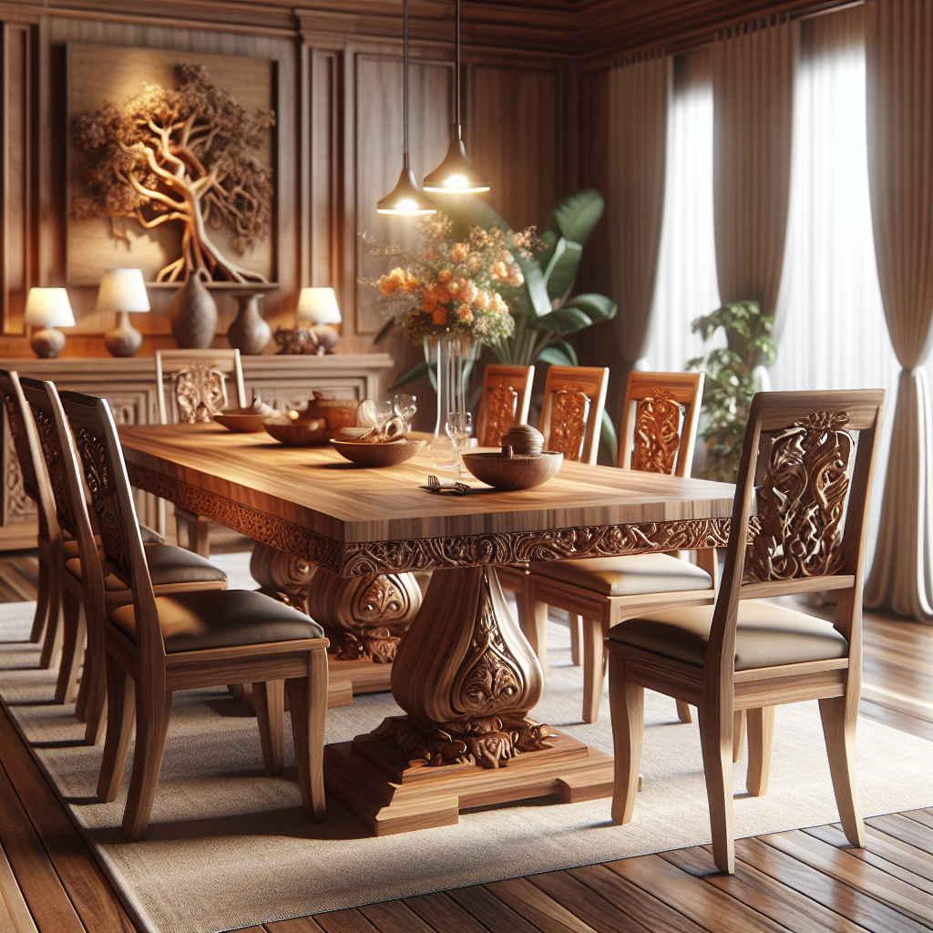 Set meja makan jati dengan kursi di ruang makan elegan