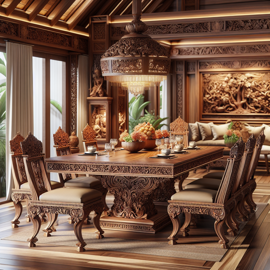 Meja makan jati dengan desain elegan dan kursi kayu di ruang makan modern