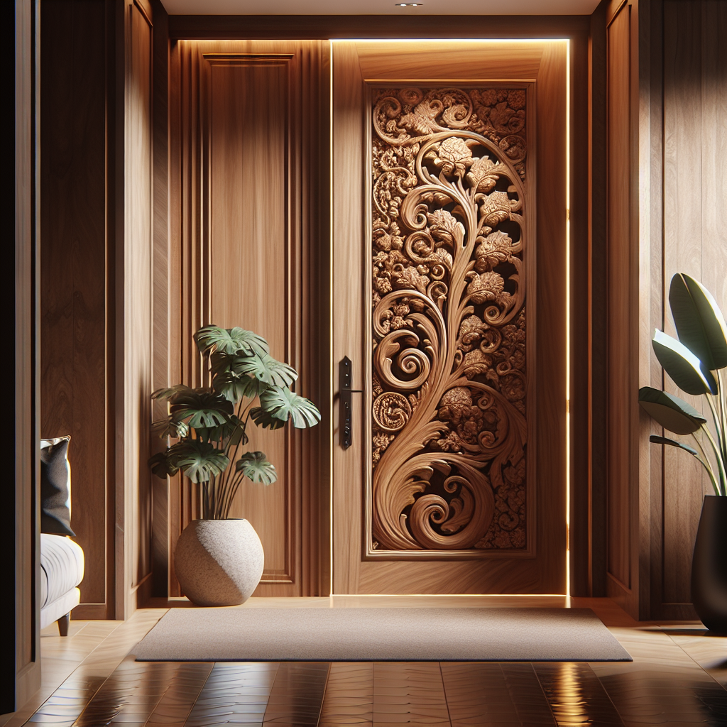 Pintu kayu jati dengan ukiran khas Jepara di pintu utama rumah modern