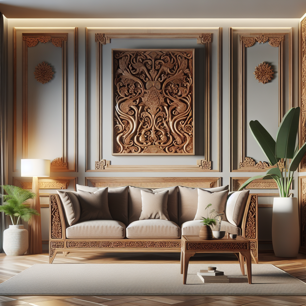 Sofa kayu jati dengan ukiran tangan khas Jepara berwarna coklat alami di ruang tamu modern