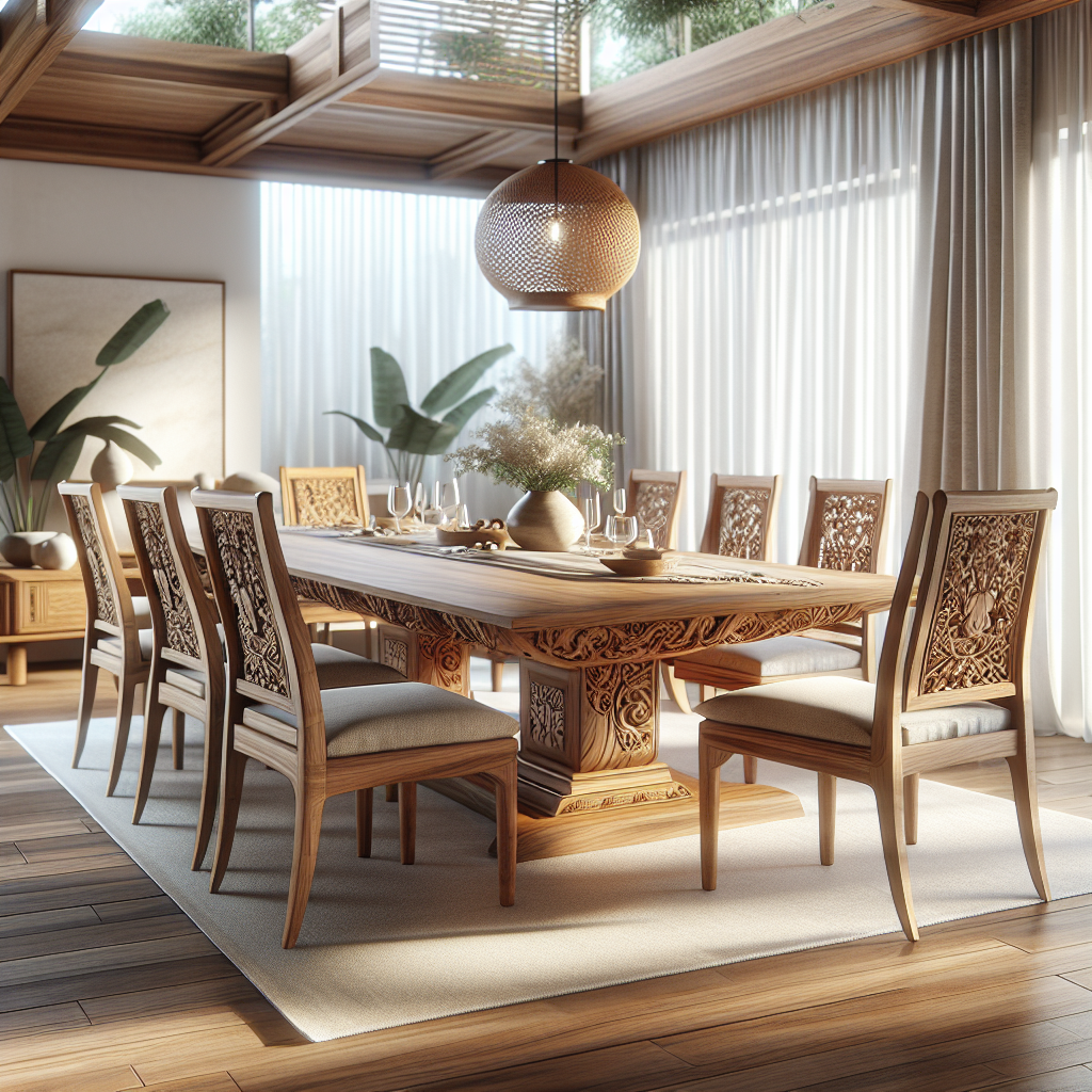 Set meja makan jati Jepara dengan kursi, natural wood finish